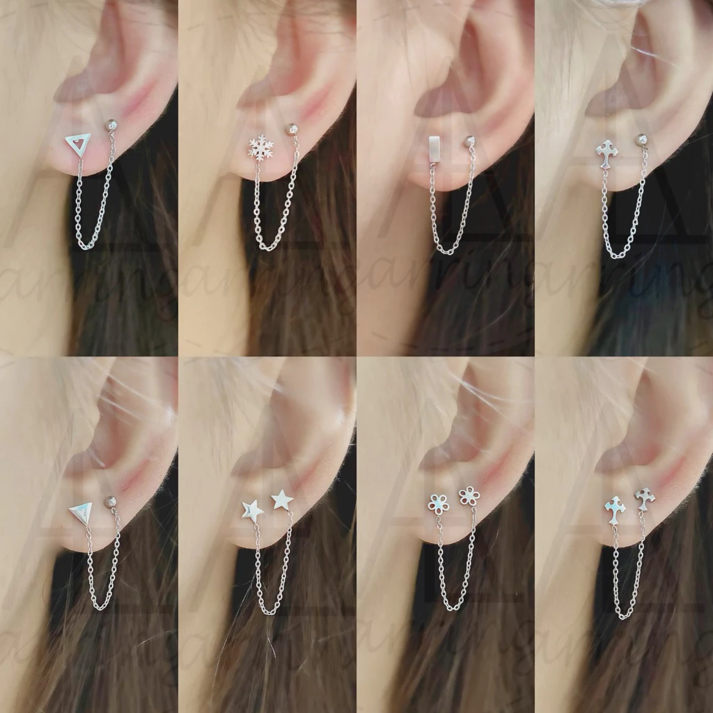 [ราคาต่อ1ชิ้น(1ข้าง)] ต่างหูสายโซ่ ความยาวโซ่5cm ต้องเจาะหูทั้ง2รู สินค้าเป็นงานสแตนเลส