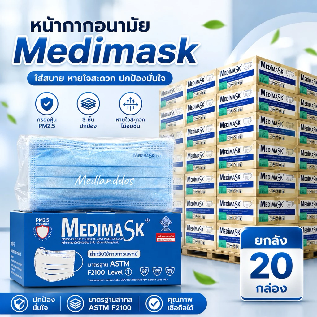 หน้ากากอนามัย Medimask 3ชั้น 50ชิ้นต่อกล่อง เกรดการแพทย์ ใช้ในโรงพยาบาล ผลิตในไทย ราคาเหมาลัง