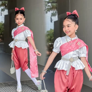 ชุดไทยเด็ก เจ้าฟ้า เซท 3 ชิ้น เสื้อ โจงกระเบน ผ้าพาดไหล่ ผ้าสไบ หญิงแถมกิ้บโบว์