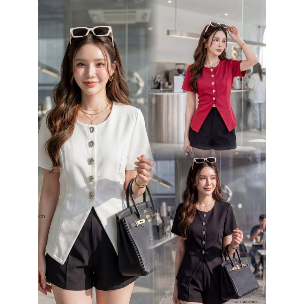 #Cotton Candy 🍭เสื้อแขนสั้นกระดุมสวยผ้าเด้ง New Vanita korea top