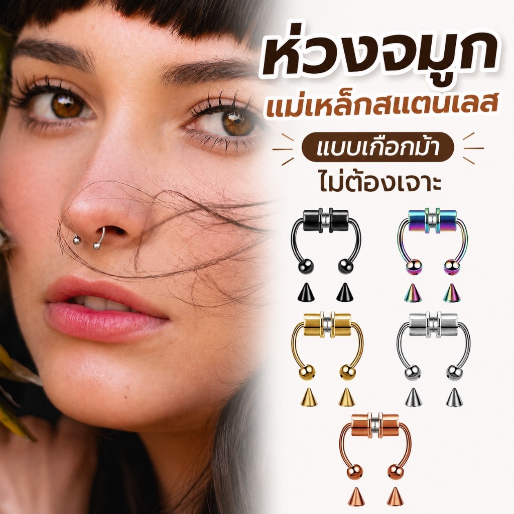 【พร้อมส่งจากไทย】ห่วงจมูกแม่เหล็กสแตนเลส แบบเกือกม้า ไม่ต้องเจาะ เปลี่ยนหัวได้ 2 แบบ หัวกลม/หัวหนาม ใส่ได้ทั้งจมูกและหู
