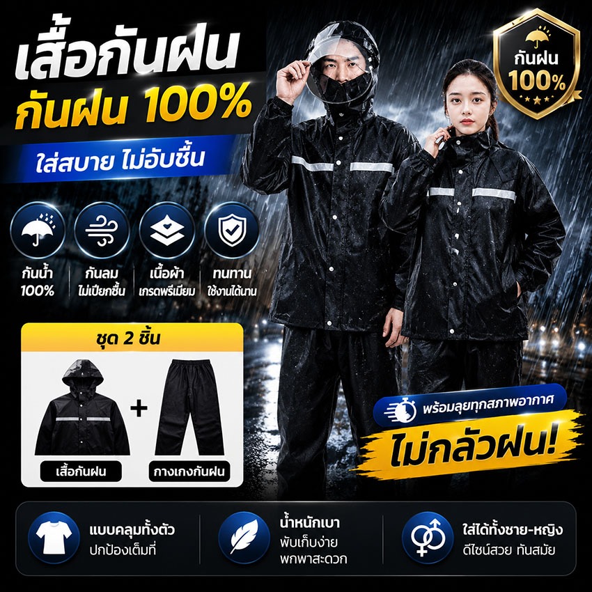 เสื้อกันฝน Raincoat กันน้ำ100% พับเก็บได้ น้ำหนักเบา พกพาสะดวก สำหรับผู้ชายผู้หญิง ขี่จักรยานเดินทาง
