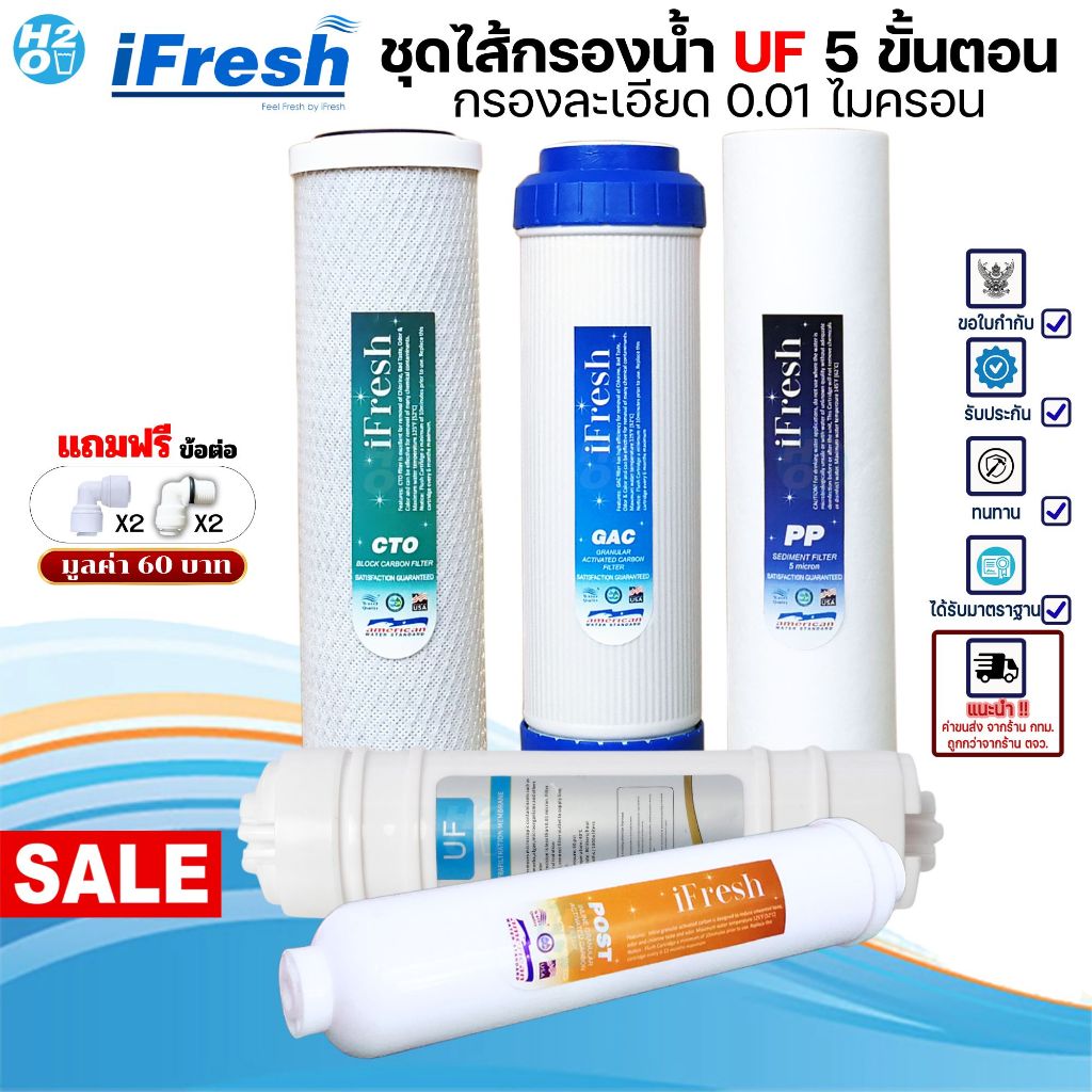 iFresh ชุดไส้กรองน้ำ ระบบ UF 0.01 ไมครอน ชุดไส้กรองน้ำดื่ม ไส้กรองน้ำ 5 ขั้นตอนครบชุด เครื่องกรองน้ำ