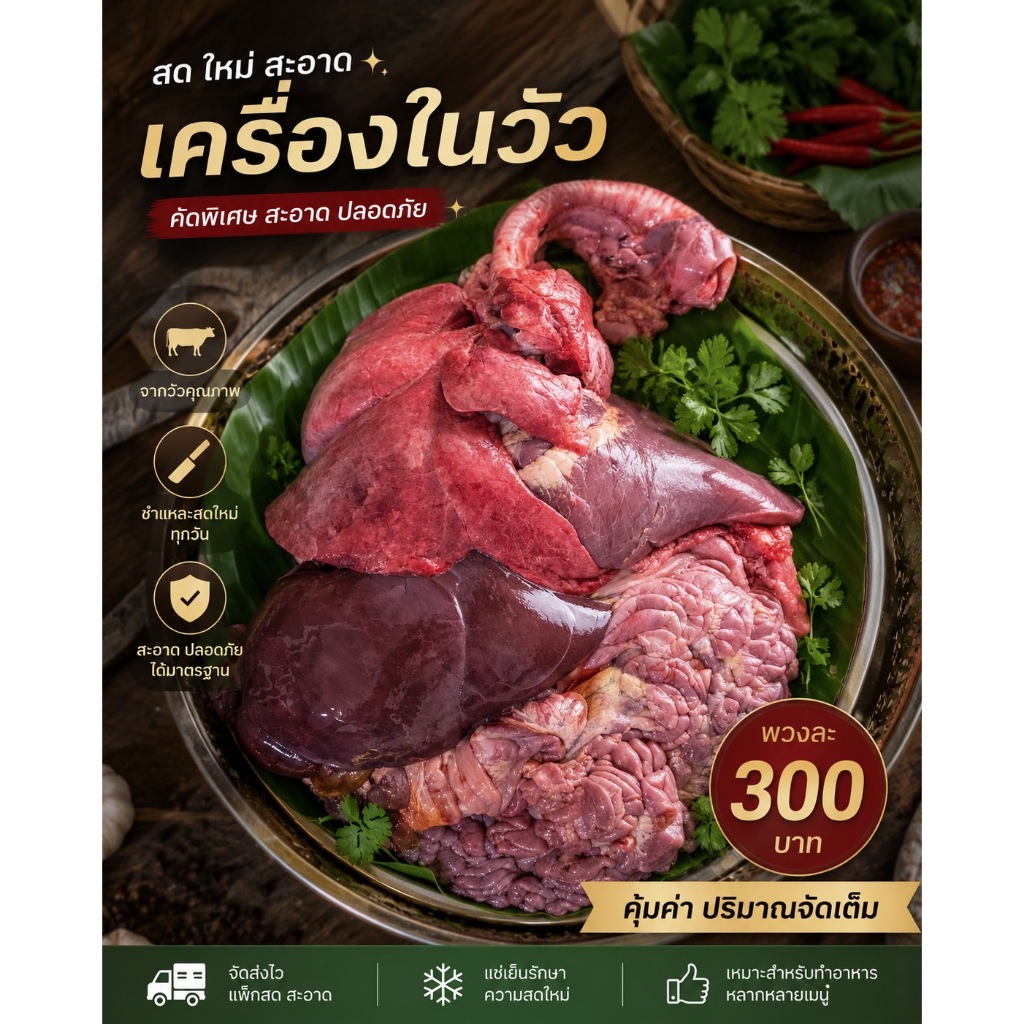 เครื่องในวัว สด สะอาด ทำได้หลากหลายเมนู  มีหลายส่วนของเครื่องใน  จากร้านวัวหันอินเตอร์ จัดส่งเเบบเเช่เเข็ง