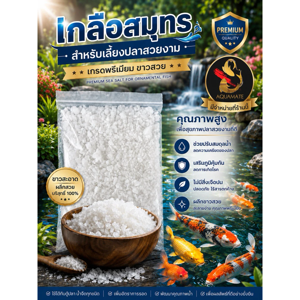 เกลือสมุทรใช้รักษาปลาในบ่อและตู้ เกรดพรีเมี่ยม ปากแห้งอย่างดี ขนาด 1-5 kg.