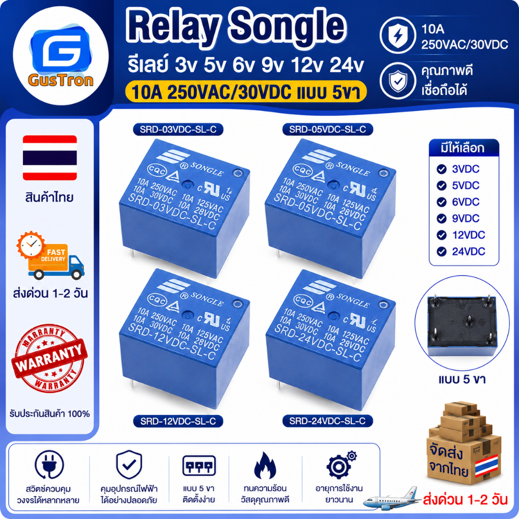 Relay Songle รีเลย์ 3v 5v 6V 9V 12v 24v 10A 250VAC/30VDC แบบ 5ขา