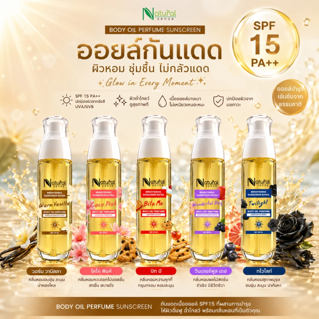 ออยล์กันแดด SPF15 ออยล์ทาผิว ผิวชุ่มชื้น กลิ่นหอมติดผิว ซึมไว Body Oil Perfume Sunscreen (100ml.)