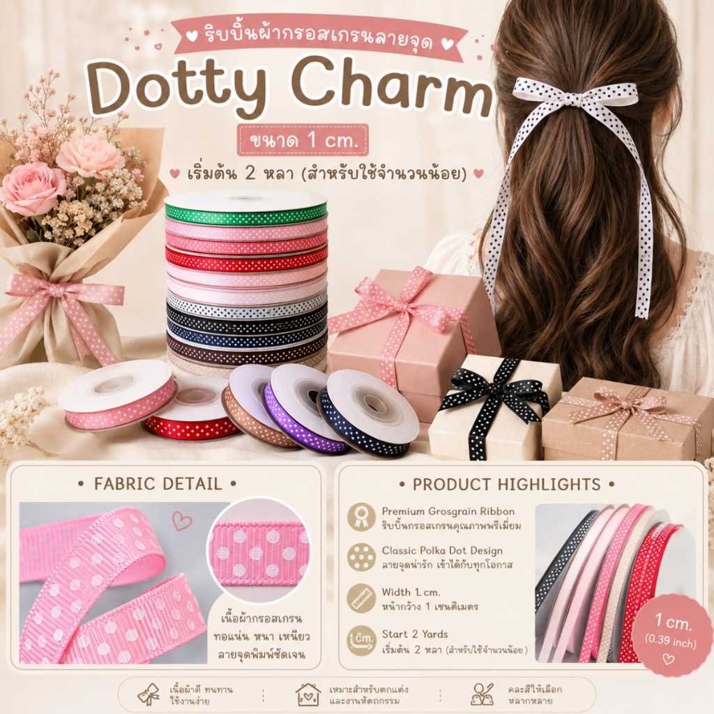 ริบบิ้นกรอสเกรนลายจุด Dotty Charm 1 cm. – สไตล์มินิมอล พรีเมียม น่ารัก ผูกของขวัญ ตกแต่งเสื้อผ้า [RBY-0093]