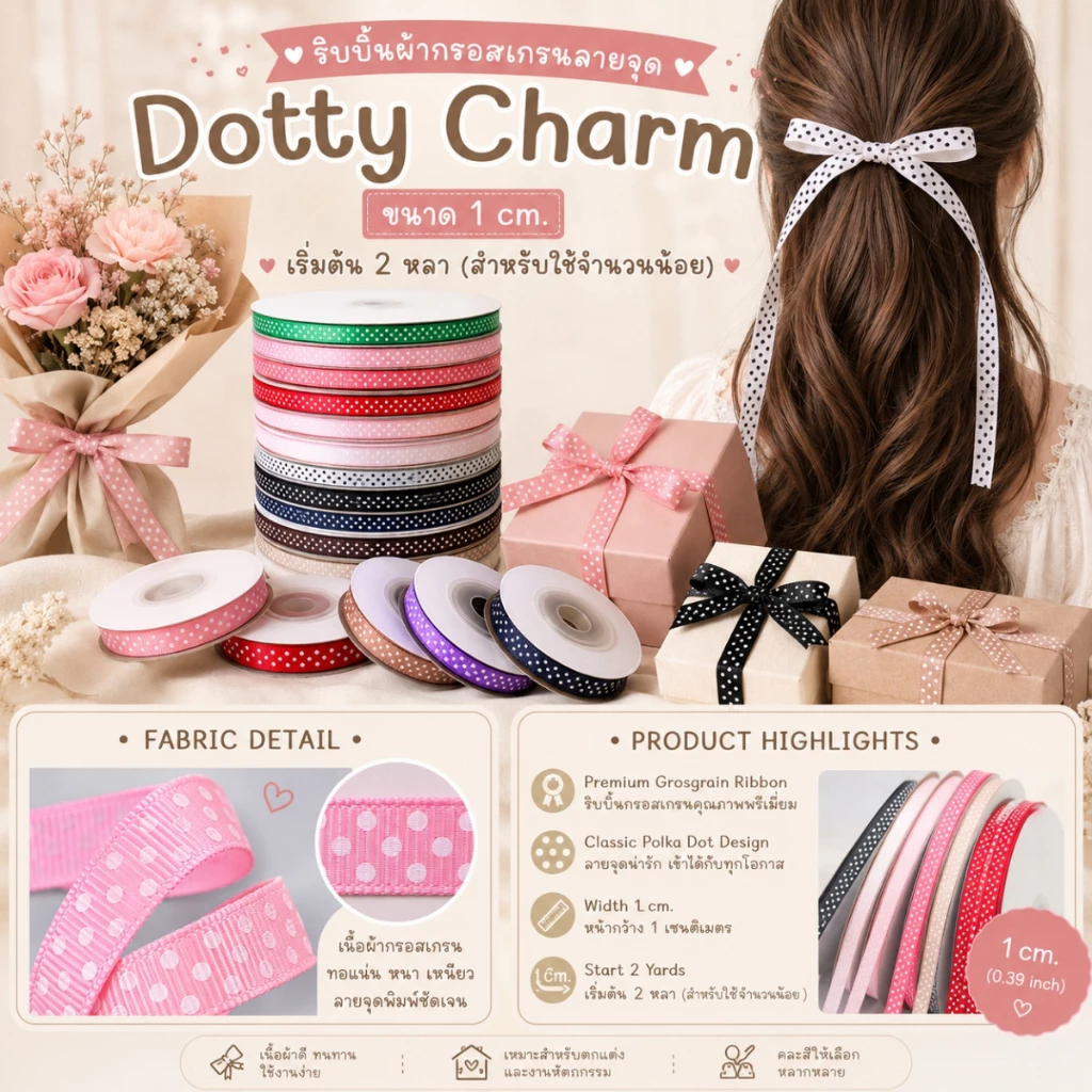 ริบบิ้นกรอสเกรนลายจุด Dotty Charm 1 cm. – สไตล์มินิมอล พรีเมียม น่ารัก ผูกของขวัญ ตกแต่งเสื้อผ้า [RBY-0093]