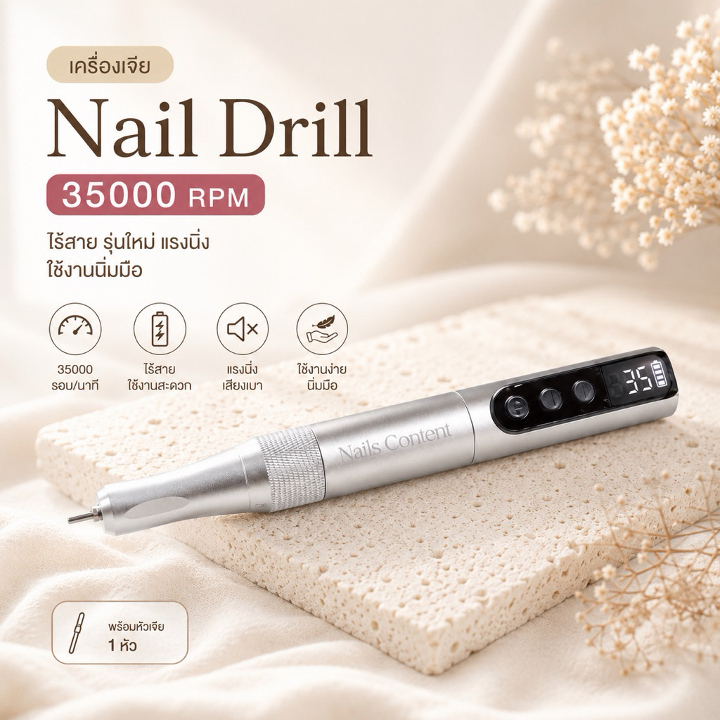 เครื่องเจียร รุ่นใหม่ nail drill รอบหมุน 35000 รอบ เครื่องนิ่ง และนิ่มมากๆ พร้อมหัวเจียร 1 หัว ไร้สายนะคะ มือ