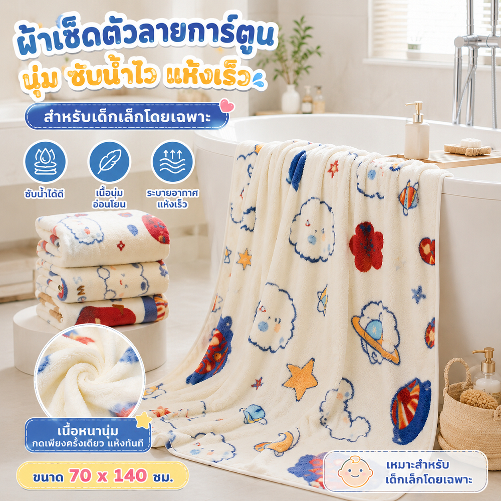 ผ้าขนหนูผืนใหญ่ ผ้าเช็ดตัว 140x70 ซม. ลายหมีสตรอเบอร์รี่ กระต่ายน่ารัก ซับน้ำเยี่ยม แห้งไว เนื้อนุ่ม ไม่เป็นขุย