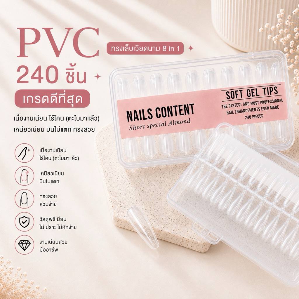 PVC เจลลี่เนื้อ soft gel Nails content มีระยะและขนาดบอกด้วยนา  ปริมาณ 240 ชิ้น เกรดดีที่สุด เนื้อบางเนียน ไร้โคน