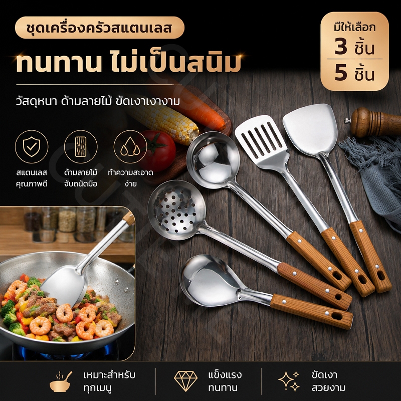 【เซ็ต 3\5 ชิ้น】ชุดอุปกรณ์ครัวสแตนเลส สแตนเลสเกรดอาหาร สำหรับใช้ในครัว สำหรับผัดในกระทะ ตักน้ำซุป และอุปกรณ์ครัว