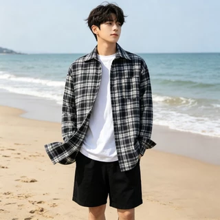AceMenเสื้อเชิ้ตแขนยาวลําลอง เสื้อเชิ้ตผู้ชาย สไตล์เกาหลี แฟชั่นฤดูร้อน ลายสก๊อต ทรงหลวม คู่รักรุ่นเดียวกัน