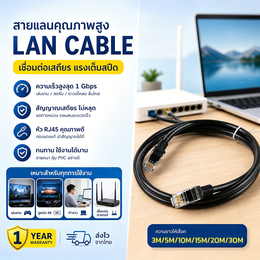 Aimi สาย LAN CAT6 ความเร็วสูง เล่นเกมลื่น เน็ตเสถียร ไม่หลุดง่าย รองรับ Gigabit ทุกอุปกรณ์ RJ45