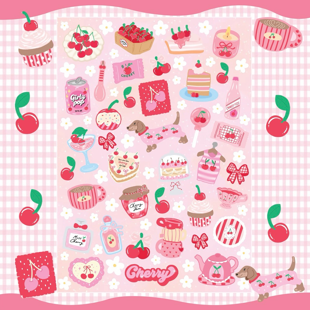สติกเกอร์ลาย Cherry Sweet🍒💖สติกเกอร์ไดคัทพร้อมติด (ลงเรซิ่นทับได้) สีสวยคมชัด ไม่มีคราบกาว🩷