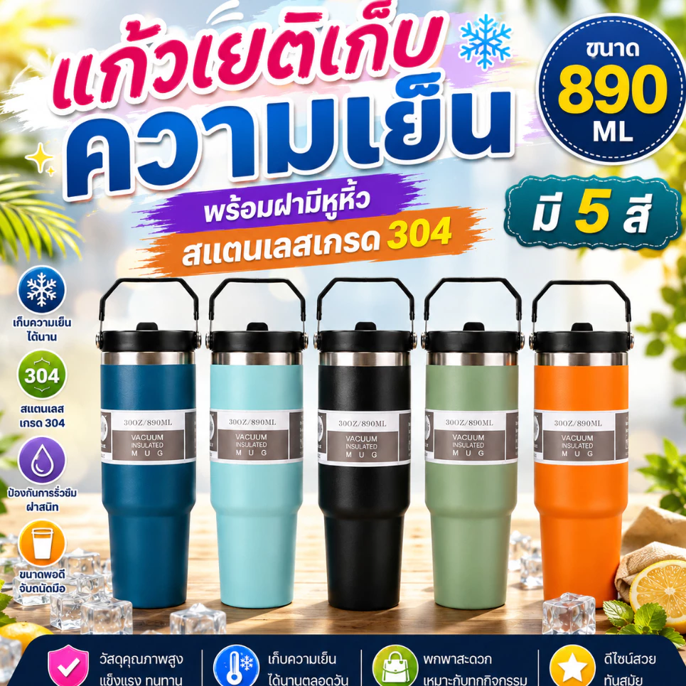 [ส่งฟรี] แก้วเก็บความเย็น สเตนเลสแท้ ขนาด 600 มล.และ 890 มล. แบบฝาปกติและฝามีหูหิ้ว แถมหลอด มีหลายสี