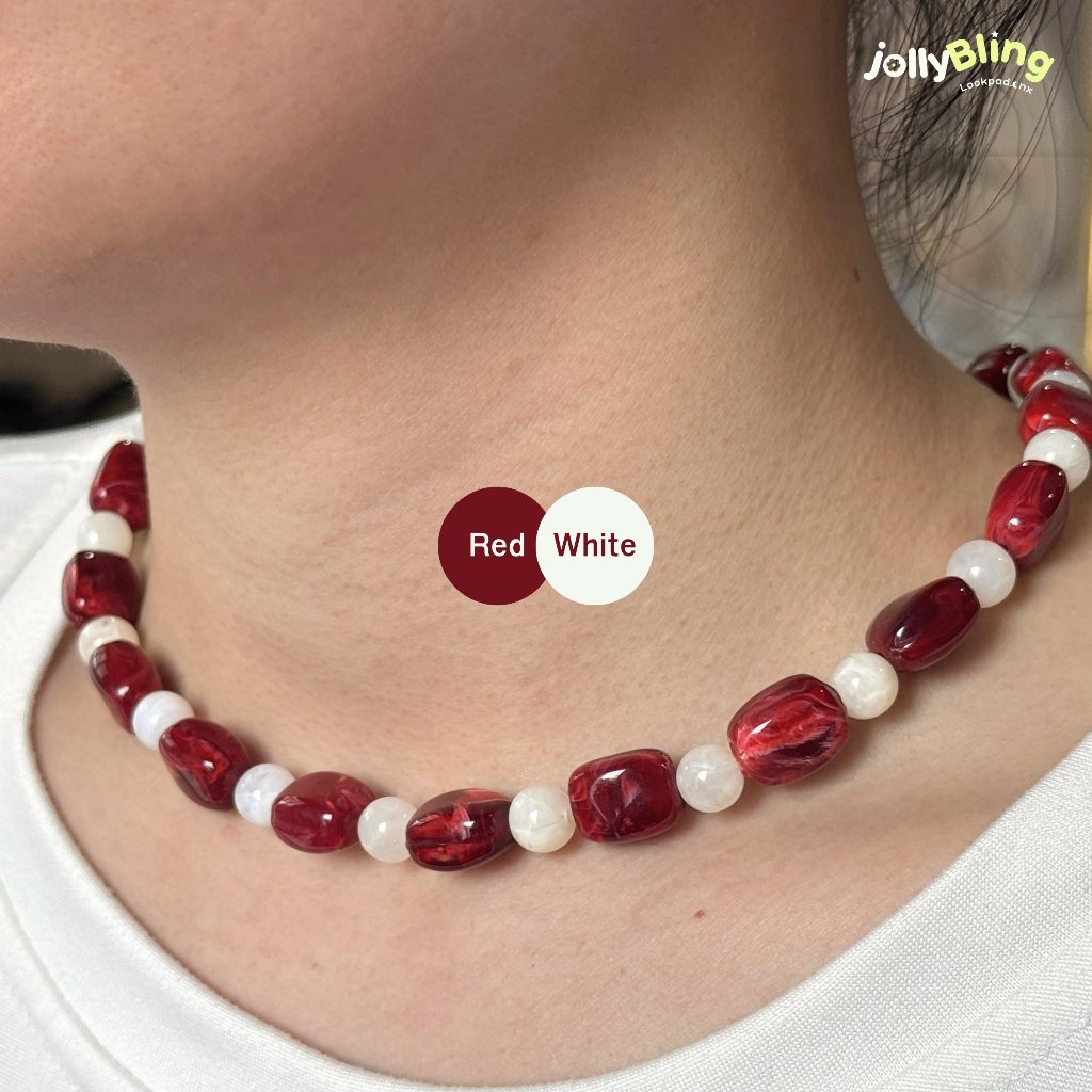 JollyBling - สร้อยคอลูกปัดหินเทียมทรงสี่เหลี่ยมสลับทรงกลม ใส่ง่าย แมทช์ได้ทุกลุค