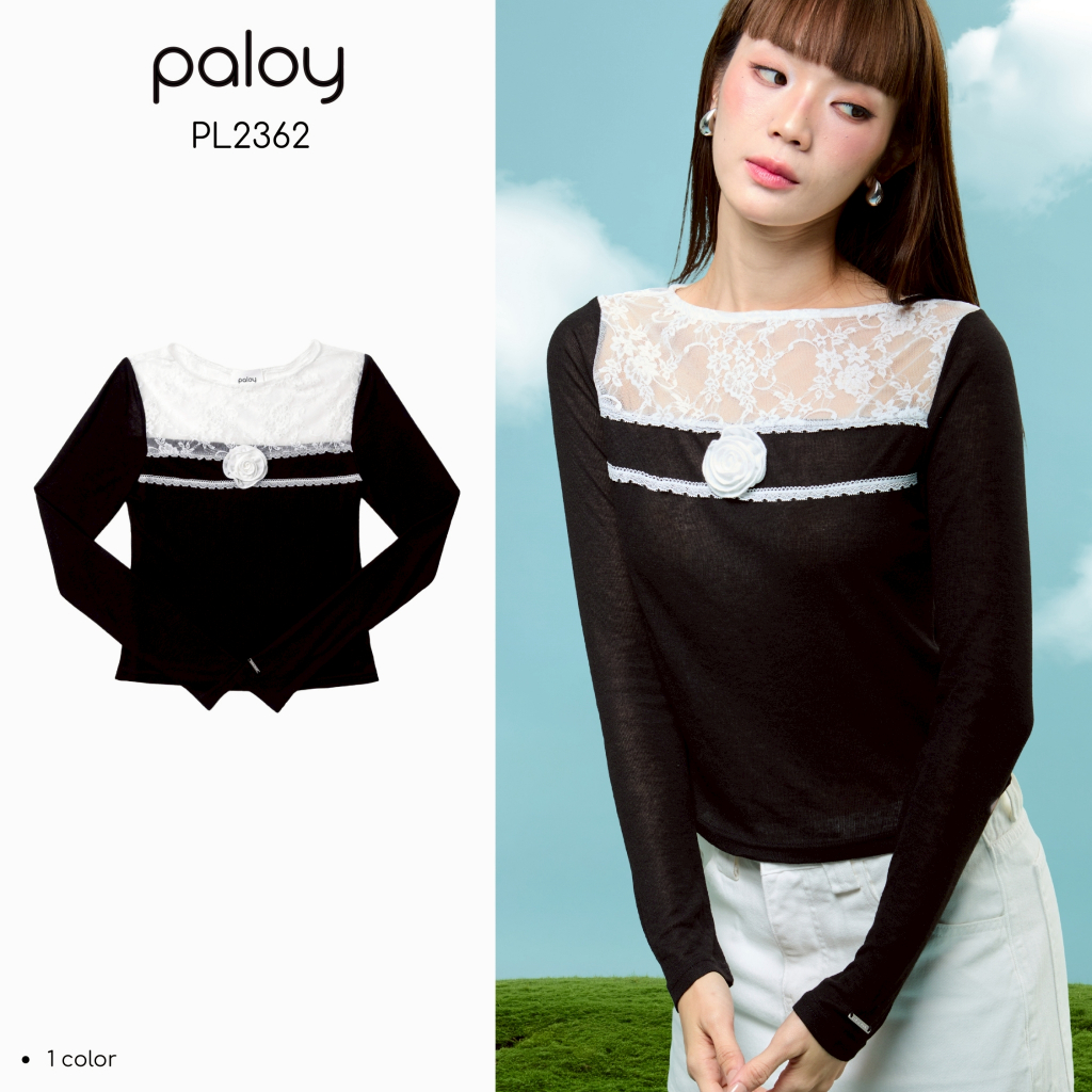 Paloy - PL2362 Black Swan Top เสื้อแขนยาวสีดำ คอลูกไม้