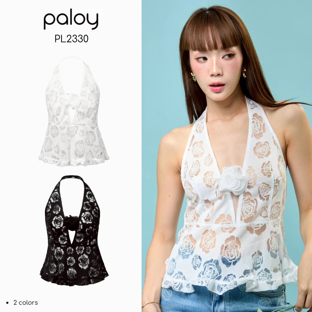 Paloy - PL2330 Rosie Top เสื้อคล้องคอ ดอกคาร์มิเลีย คอวี (Camellia Days)