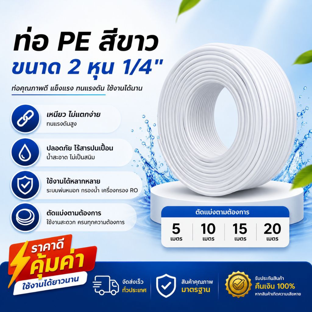 สายน้ำ PE ขนาด 1/4 นิ้ว (2 หุน) สีขาว สายพ่นหมอก 2 หุน แบ่งขาย อะไหล่เครื่องกรองน้ำ  สายเครื่องกรองน้ำ