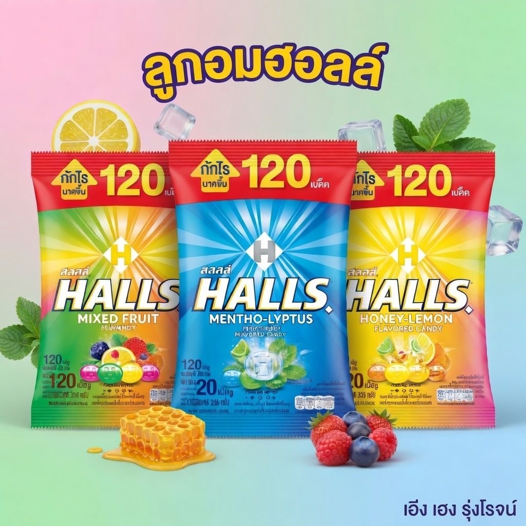 [แพ็ค120เม็ด] Halls ฮอลล์ ลูกอมแบบถุง รสน้ำผึ้งผสมกลิ่นเลมอน รสเมนโทลิบตัส 336 กรัม/แพ็ค