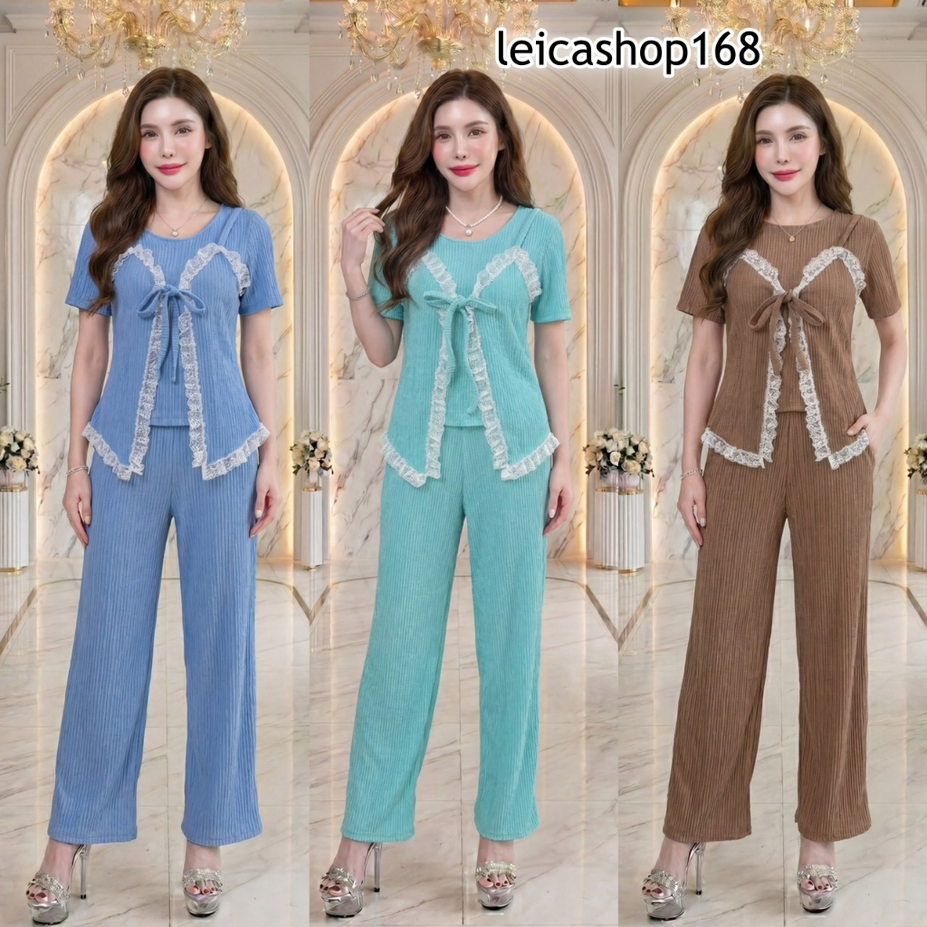 สินค้าพร้อมส่ง เซ็ทยาวผ้าเปลือกไม้ เสื้อแขนสั้นแต่งสายเดี่ยวระบายลูกไม้ผูกโบว์หน้า+กางเกงเอวเรียบมีกระเป๋า A8053