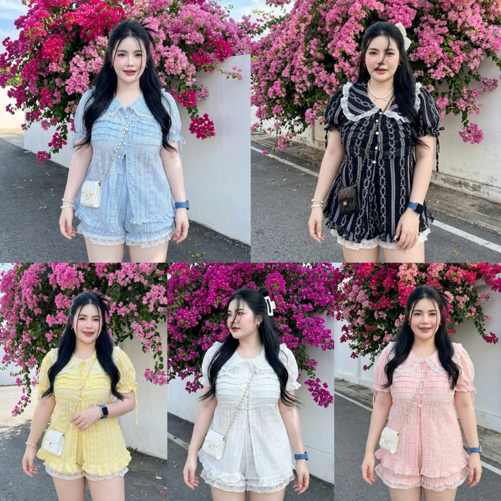 ชุดเซต2ชิ้นโรซี่ฉลุคุณหนูสาวอวบ อก32-46 เอว28-40 สพ50