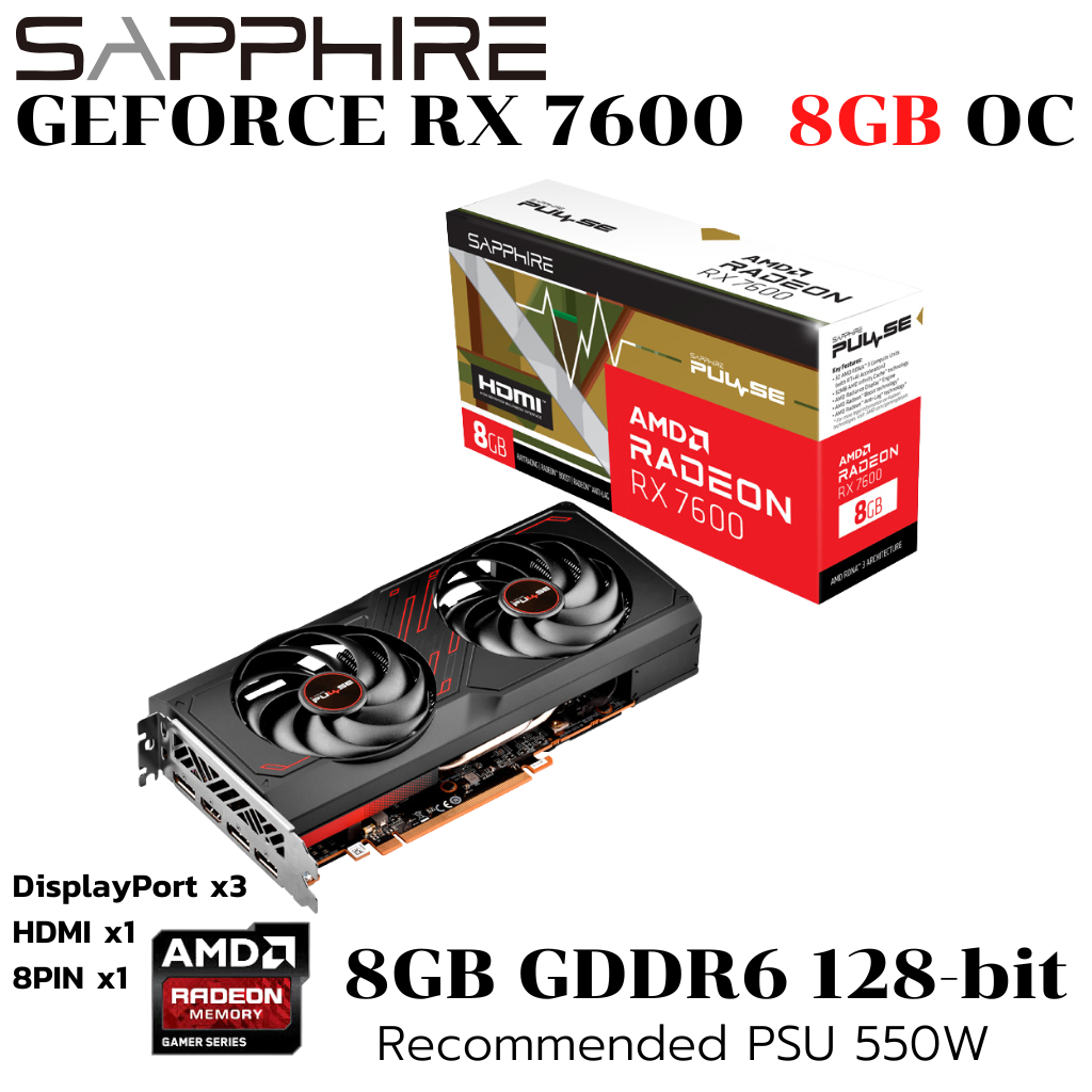 VGA (การ์ดแสดงผล) SAPPHIRE PULSE AMD RADEON RX 7600 8GB OC GDDR6