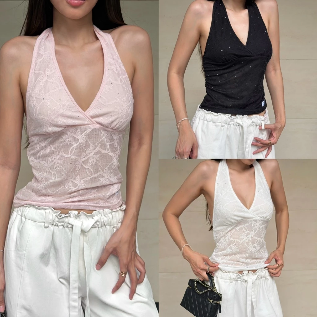 RUDY - Angel Wings Top เสื้อผูกคอผ้าลูกไม้ติดเพชรมีซิบข้าง