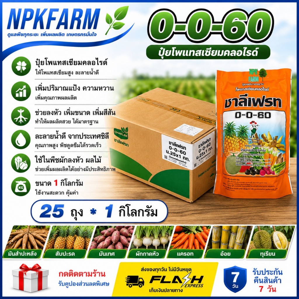 ยกลัง 0-0-60 ขนาด 1 กิโลกรัม ยกลัง 25 ถุง ชาลีเฟรท โพแทสเซียมคลอไรด์ ช่วยลงหัว เพิ่มแป้ง น้ำหนัก