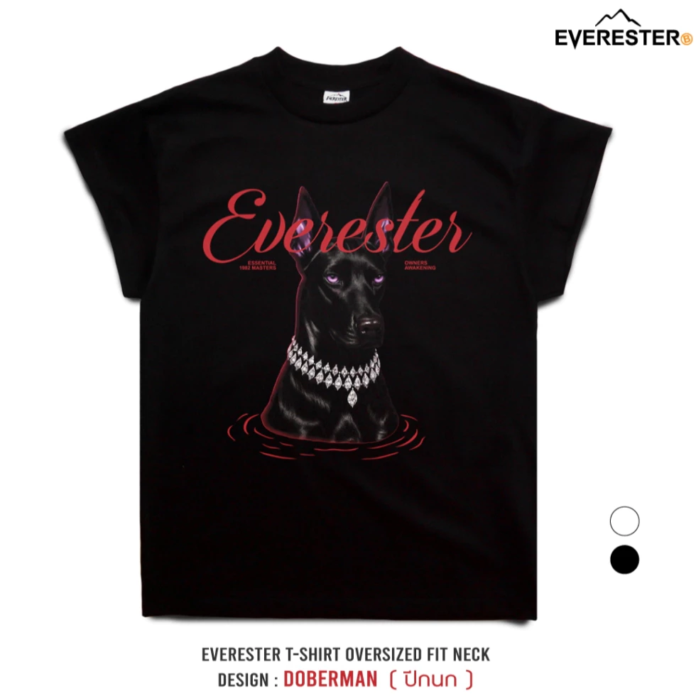 EVERESTER เสื้อยืด คอฟิต - แขนปีกนก วินเทจ Doberman Heavy Cotton เสื้อผู้ชาย Oversize สีดำ Wing