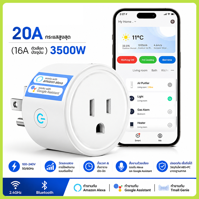Tuya Wi-Fi Smart Plug 16A/20A ดพลังงาน-ปลั๊กไฟ ปลั๊กอัจฉริยะ ควบคุมผ่านแอพ สั่งงานด้วยเสียงได้ สถิติไฟฟ้าอัพเกรด