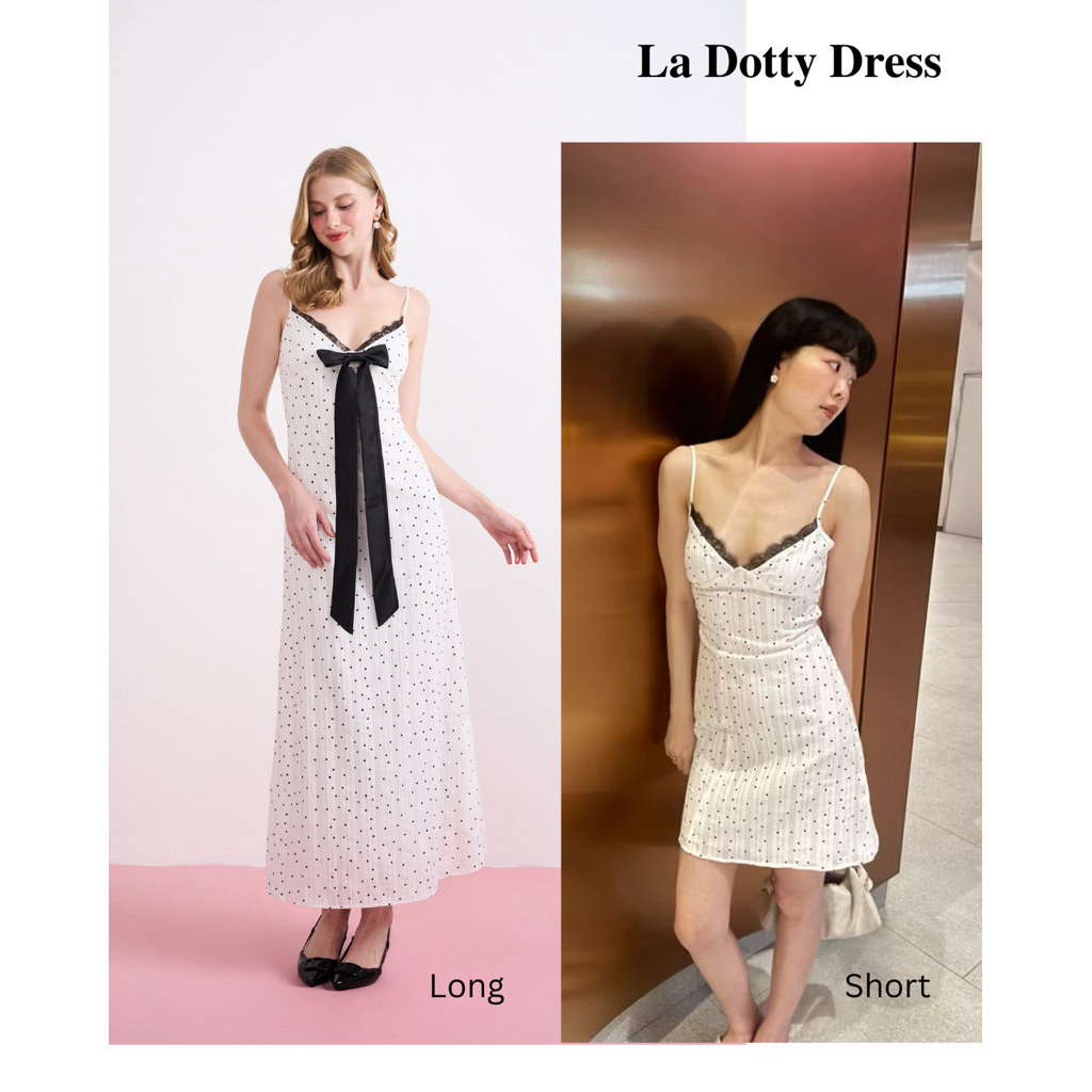 (ส่งฟรี) LA DOTTY DRESS + โบว์เข็มกลัดย้ายที่ติดได้ ใส่ออกงาน ใส่ทำงาน ไปเที่ยวตปท ใส่สบาย เชือกผูกเข้าเอวสวยหุ่นดี