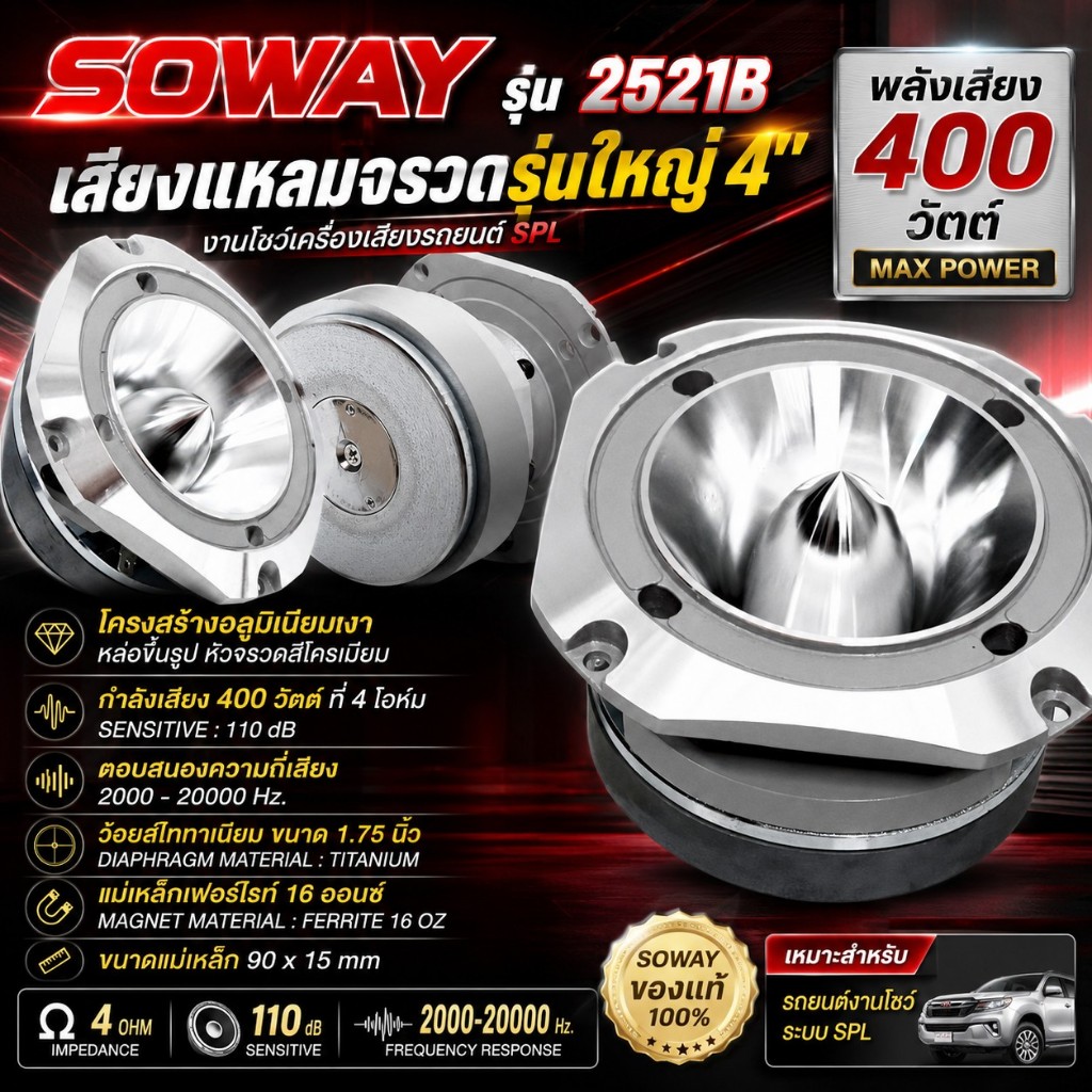 SOWAY 2521B เสียงแหลมจรวด 4” พลัง 400W เสียงคมดังสะใจ สำหรับรถโชว์ SPL แถมซีตัดเสียง พร้อมครอสโอเวอร