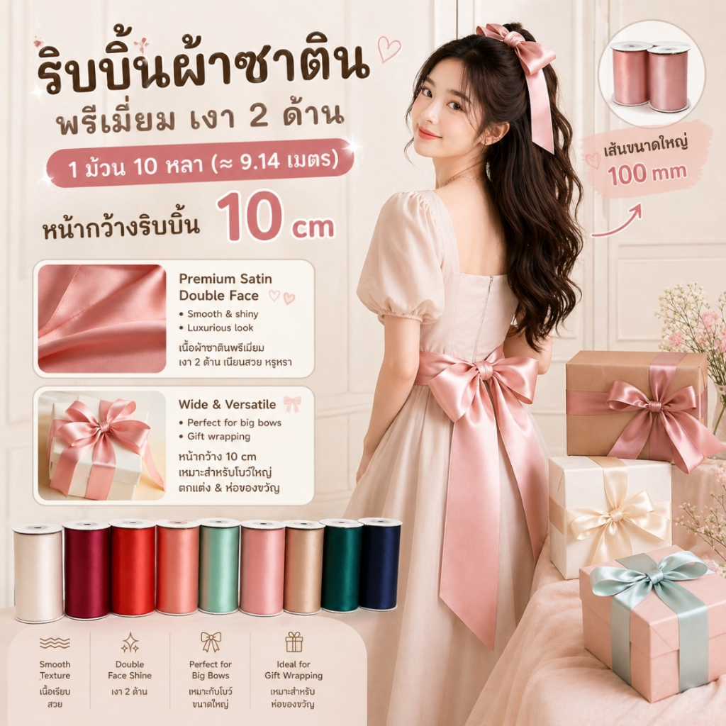 1 ม้วน【10 หลา】* หน้ากว้าง 10 cm. ริบบิ้นผ้าซาติน CLASSIC เรียบ 2 ด้าน คุณภาพดี  ผูกของขวัญ ตกตกแต่ง DIY [RBR-0023-100mm]