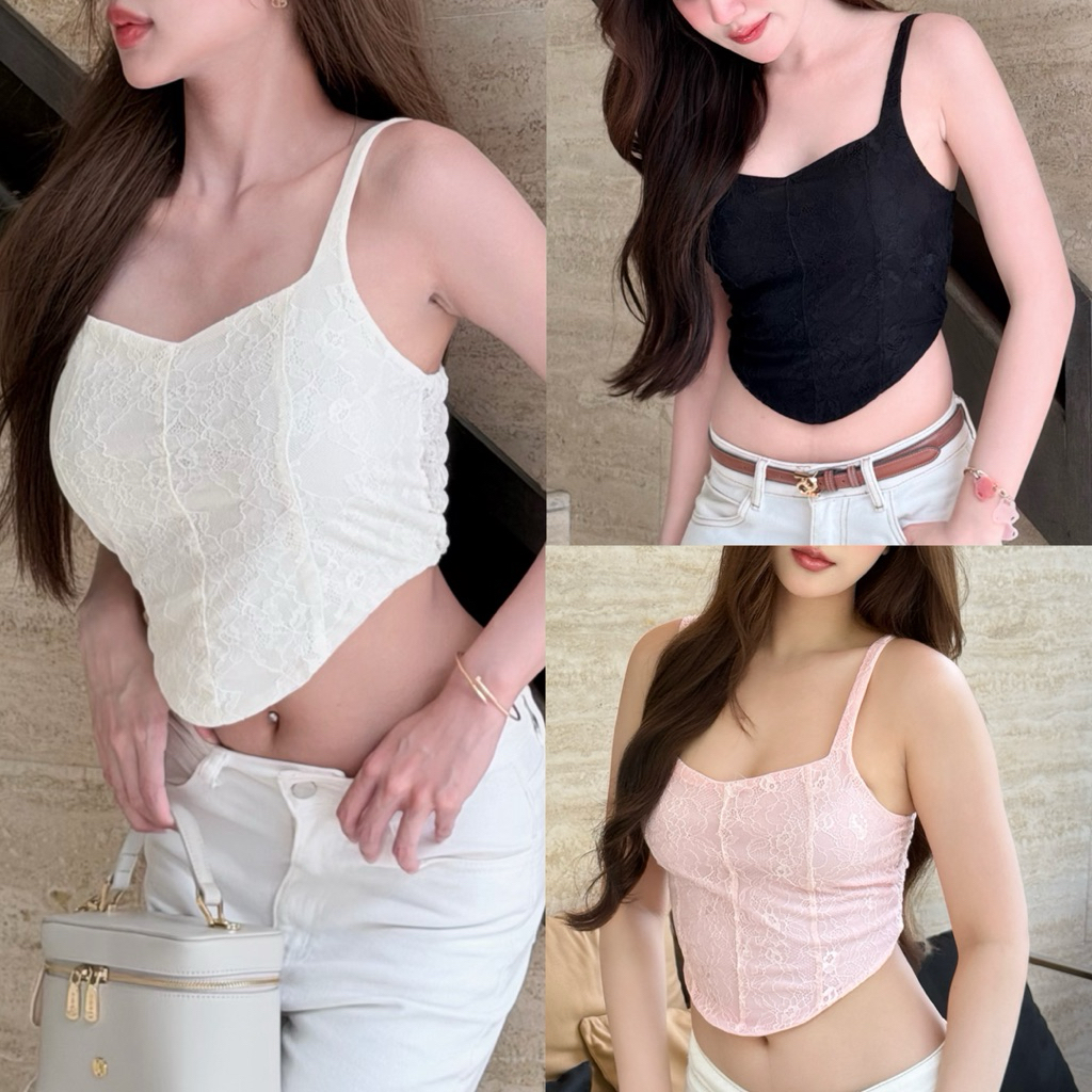 Vanilla Bloom Top 💐(SR44) เสื้อสายเดี่ยวลูกไม้ทรงคอเซทสม็อคหลัง siristylebkk