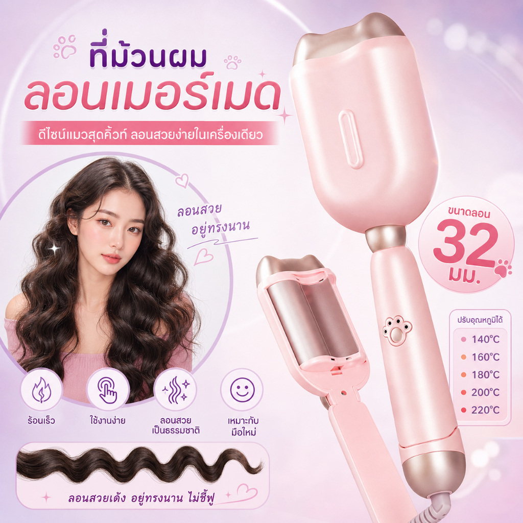 【รับประกัน5ปี】เครื่องม้วนผมลอนแมว 32mm แกนใหญ่ ทำลอนสวยธรรมชาติ ร้อนเร็ว ใช้งานง่าย ไม่ทำร้ายผม สำหรับผมยาวและผมสั้น