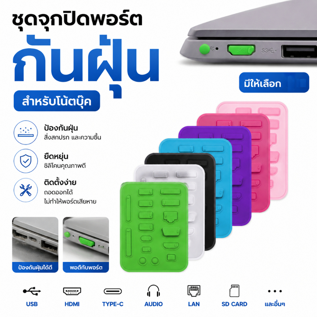 CODคอมพิวเตอร์กันฝุ่นจุก จุกซิลิโคนปิดพอร์ตสัญญาณ จุกโน๊ตบุค จุกอุดซิลิโคนอเนกประสงค์ USB ของแล็ปท็อป (1ชุด16ชิ้น)กันฝุ่