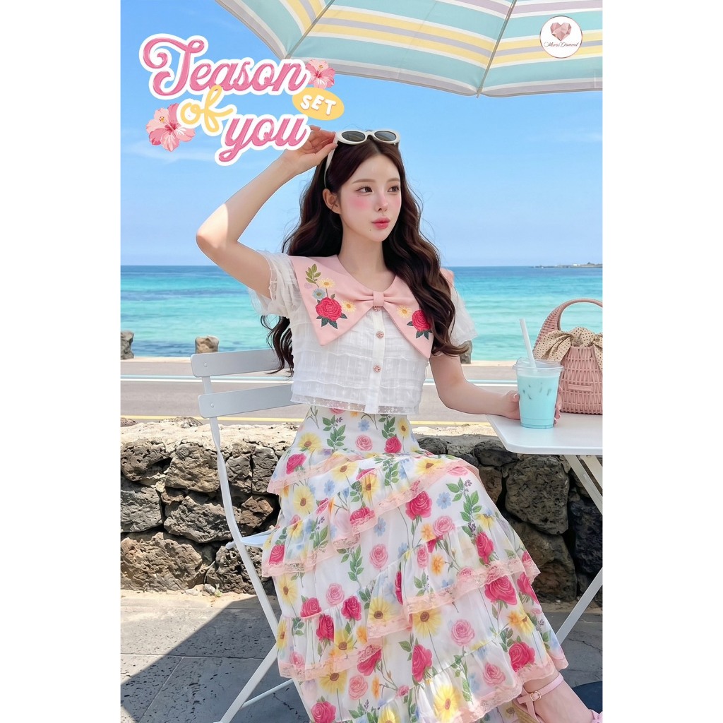(มี3XL) ชีฟอง Season of You Set เซ็ต 2 ชิ้น เสื้อปกกะลาสีงานปักแขนสั้นผ้าตาข่าย + กระโปรงยาวพิมพ์ลายผ้าชีฟองมีซับใน