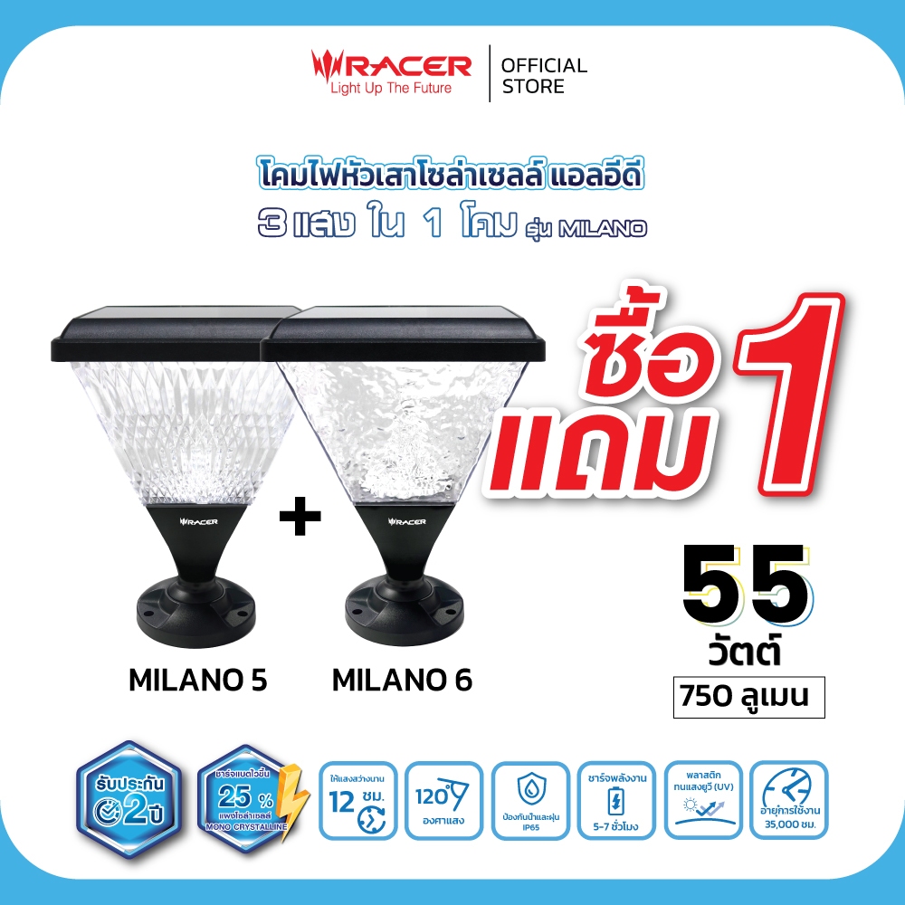 [1 แถม 1] โคมไฟหัวเสา โซล่าเซลล์ 3 แสง รุ่น มิลาโน่ 55 วัตต์