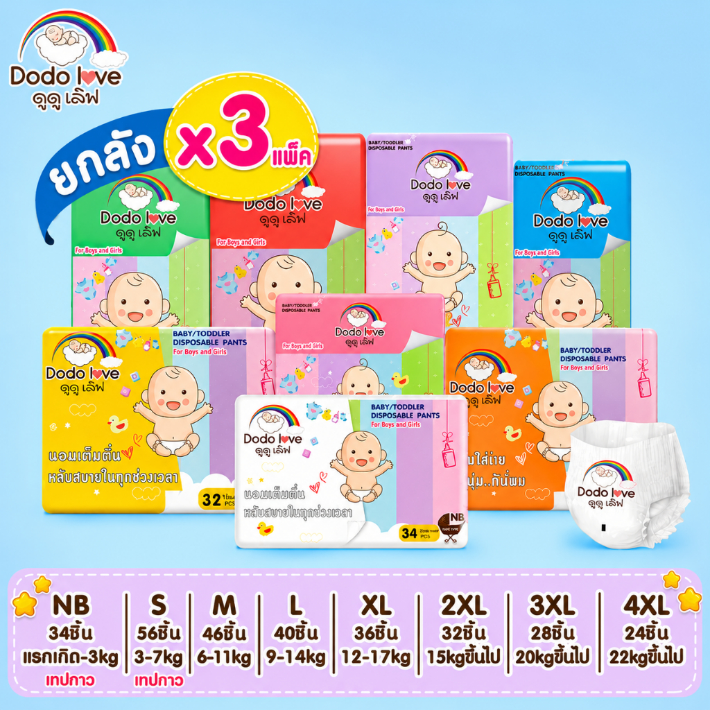 [ยกลัง 3แพ็ค] DODOLOVE Standard Soft กางเกงผ้าอ้อม ผ้าอ้อมสำเร็จรูป Size NB-4XL นุ่ม บางเบา ใส่สบาย