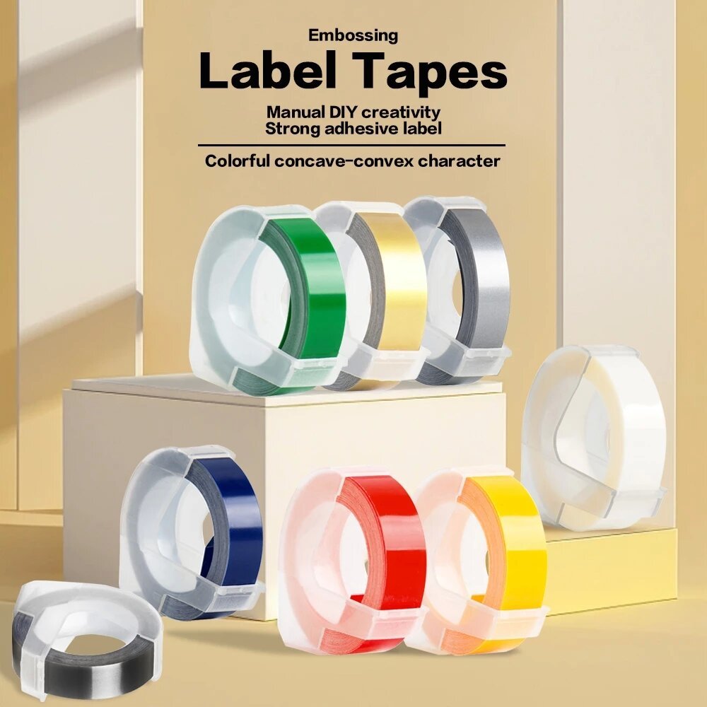 1pcs เทปรีฟิล 9 มม. x 3 ม. เทปปั๊มตัวอักษรนูน สําหรับ MOTEX / DYMO / CIDY Label Makers / Writer / Ty