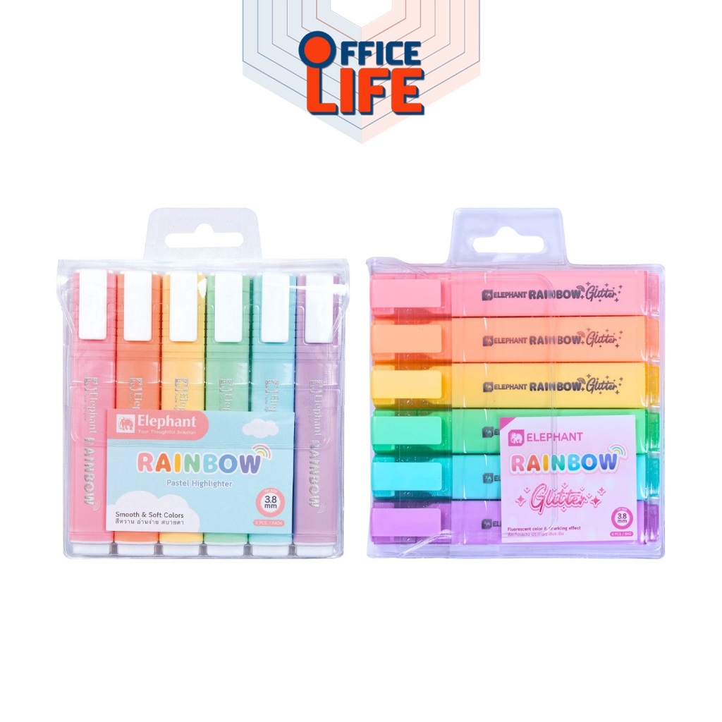 Elephant (ตราช้าง) ปากกาเน้นข้อความ ไฮไลท์ รุ่น Rainbow /Rainbow Glitter ขนาด 3.8 มม. ( แพ็ค 6 ด้าม )