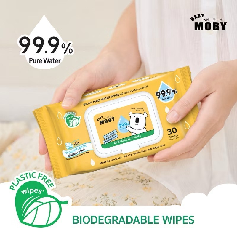 Baby Moby ผ้าเปียก สูตรน้ำบริสุทธิ์ 99.9% ทิชชู่เปียก สูตรอ่อนโยนสำหรับทารก ไม่มีแอลกอฮอล์ ไม่มีน้ำหอม ไม่มีสารเรืองแสง