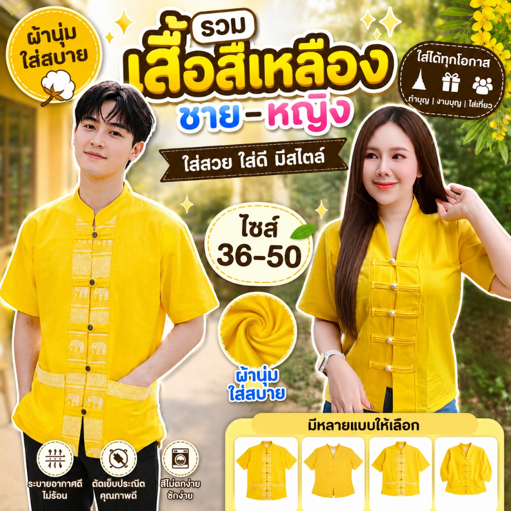 เสื้อผ้าฝ้ายพื้นเมือง สีเหลือง ใส่วันพ่อ มีทั้งชายและหญิง