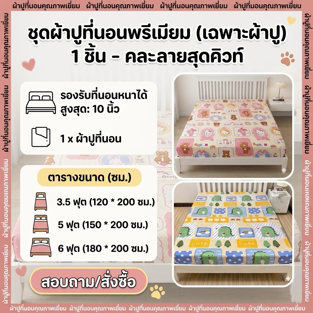 ผ้าปูที่นอน แบบรัดมุม 3.5ฟุต 5ฟุต 6ฟุต สามารถปูที่นอนสูง 10 นิ้ว ผ้าคอตตอน นุ่ม นอนสบาย ส่งเร็ว