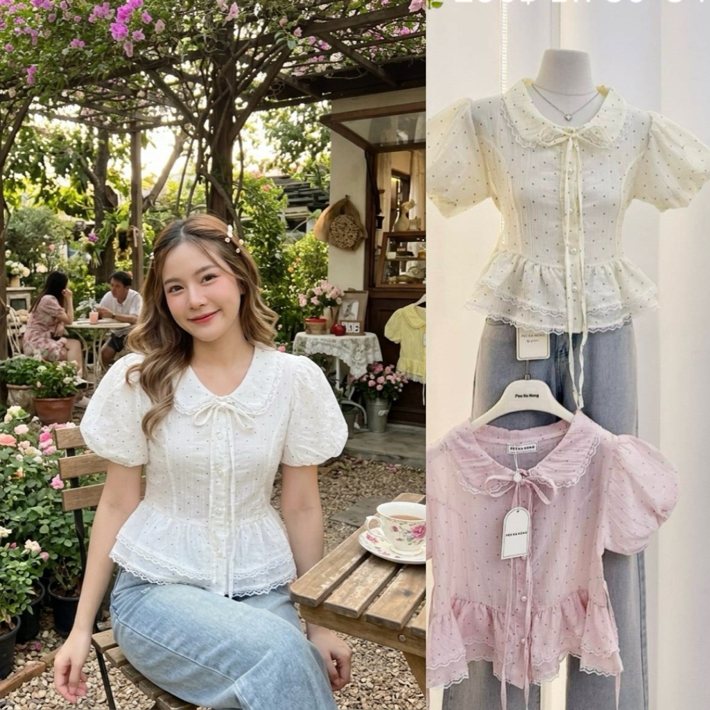 เสื้อแขนพองลายจุดเอวมีเชือกผูก