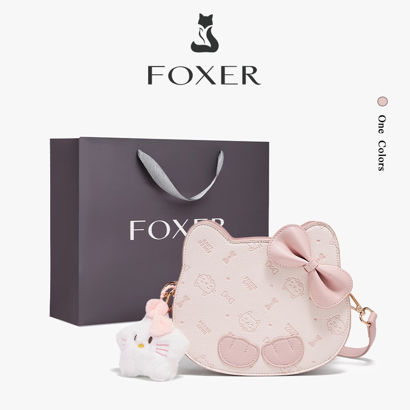FOXER กระเป๋าสะพายไหล่รูปแมว ลายผีเสื้อสีชมพู น่ารักมาก ใส่โทรศัพท์ได้ แถมจี้กระเป๋า