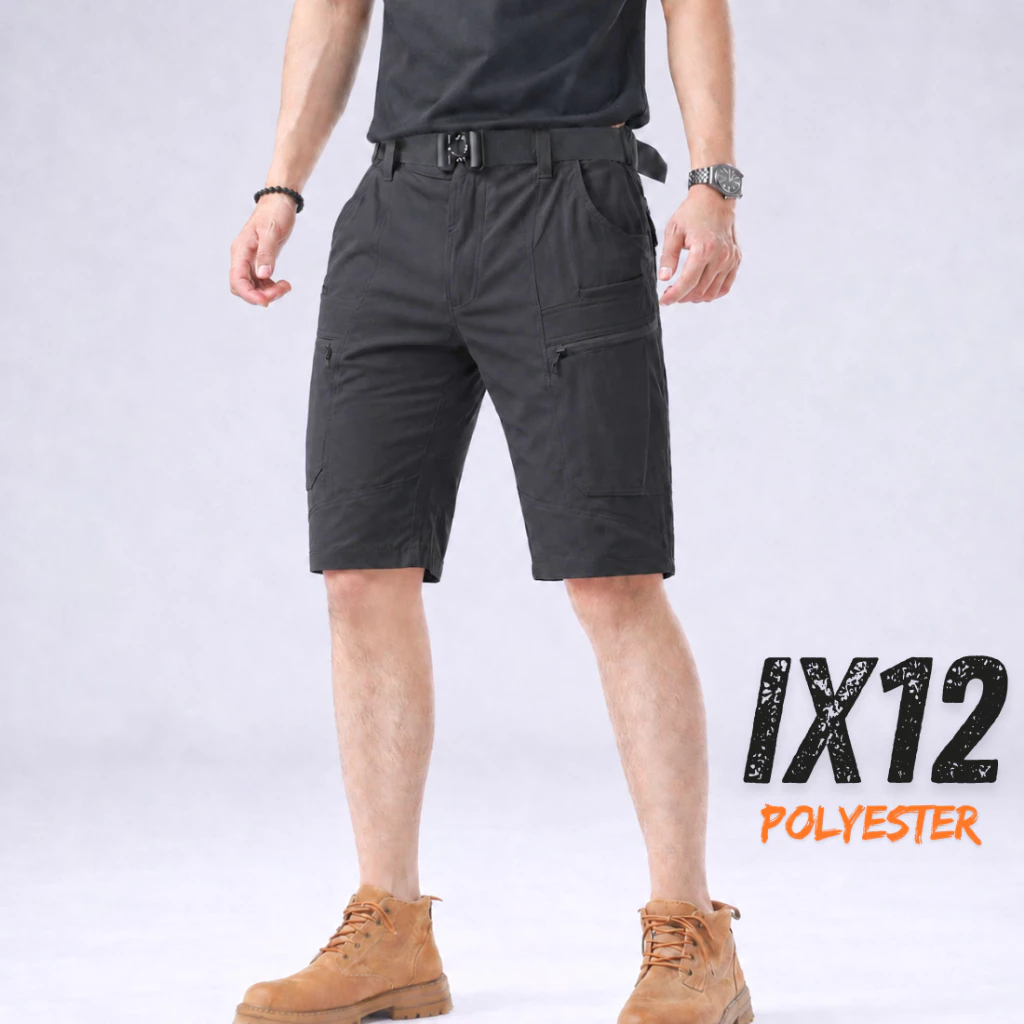 IX12 กางเกงคาร์โก้ ขาสั้น กางเกงยุทธวิธี ผ้ายืด สีดำ มีซับใน มีช่องกระเป๋าหลายช่อง XS-5XL